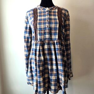 Wrangler Wrancher Women's Plaid Flannel Babydoll Pullover Button V-Neck